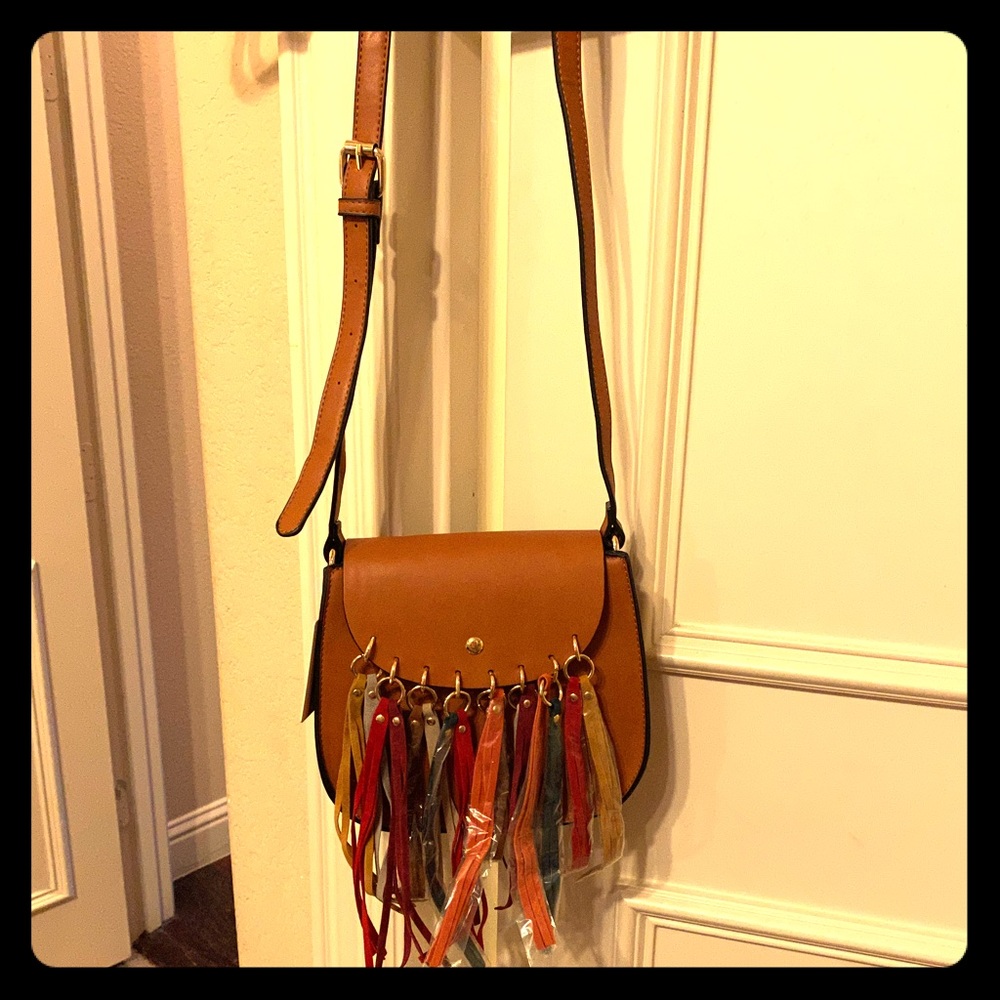 Brown leather multi colored tassel purse